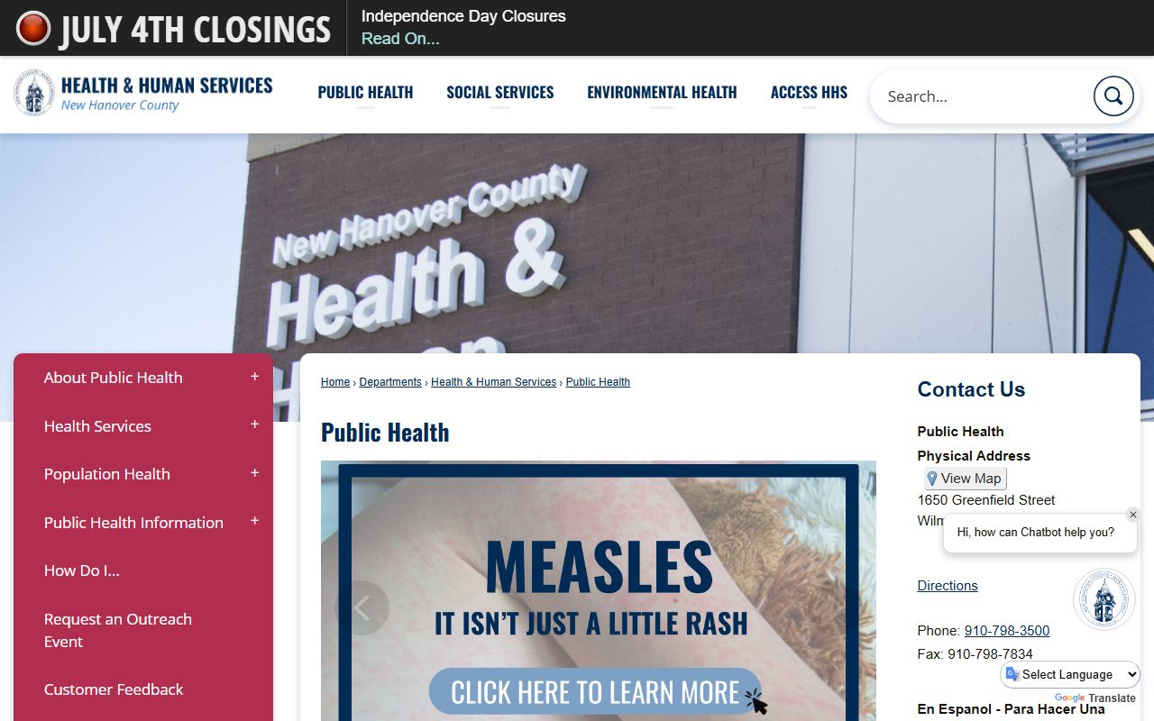 Wilmington phone directory New Hanover County Public Health contacts
