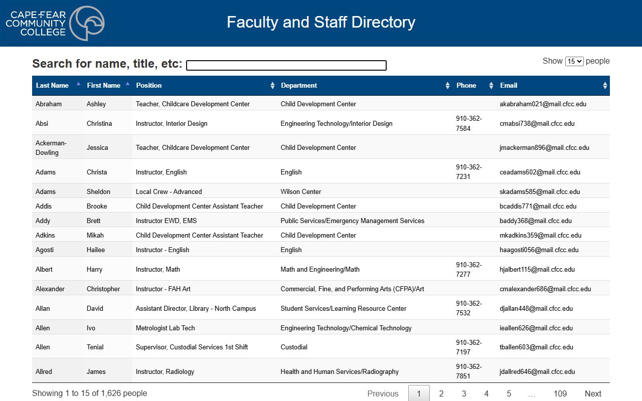 Wilmington phone directory Cape Fear Community College directory