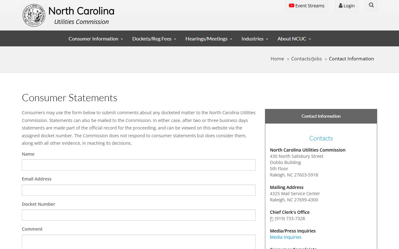Wilmington phone area codes North Carolina Utilities Commission contact page