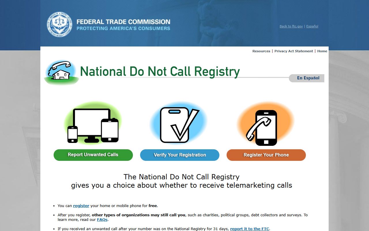 Wilmington phone codes FTC National Do Not Call Registry