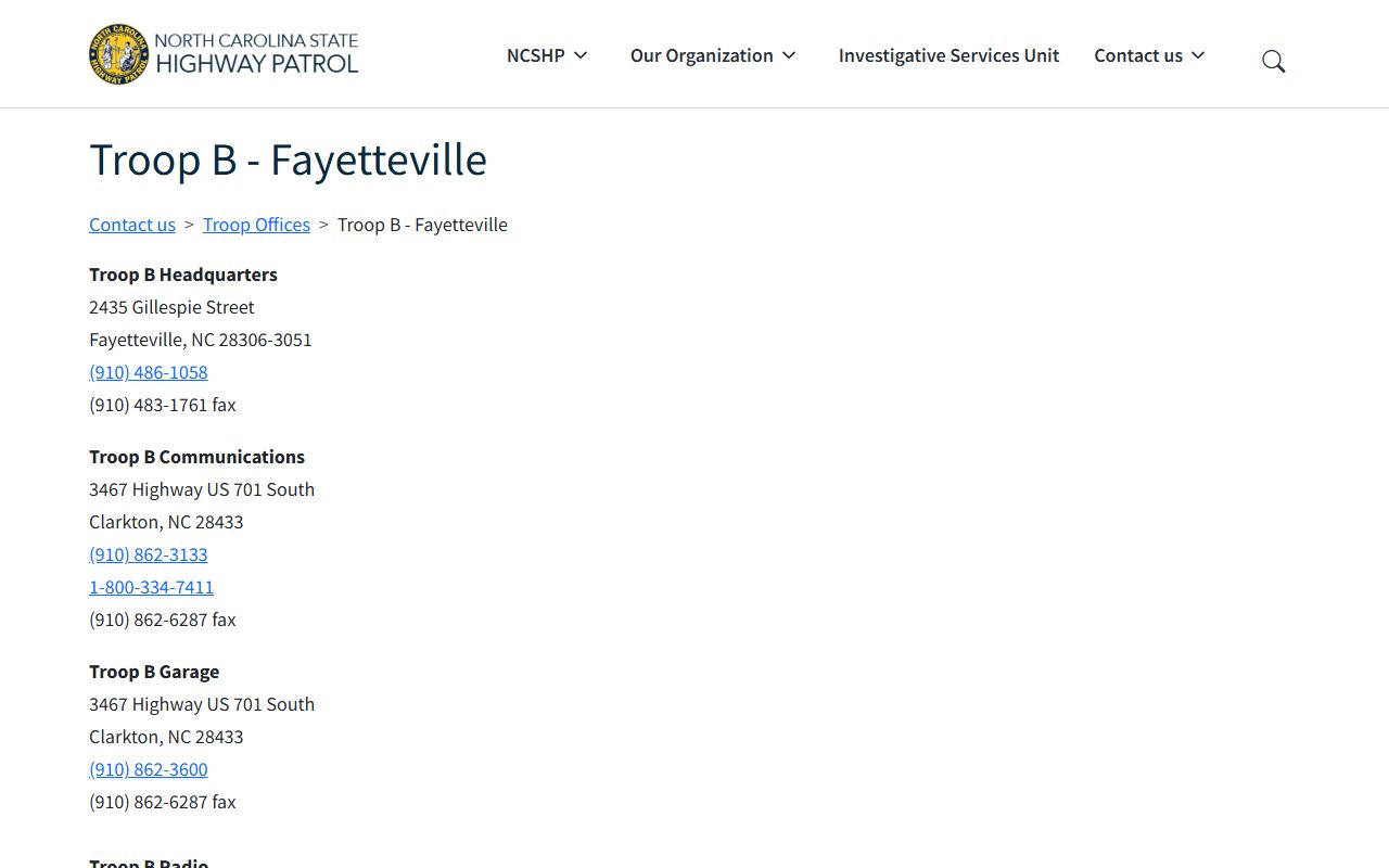 Wilmington phone numbers for NC Highway Patrol District VI