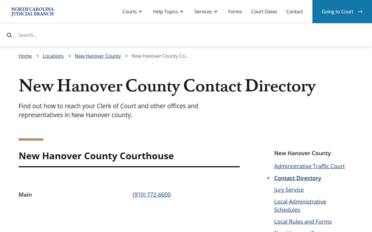 Wilmington phone numbers in the New Hanover County court contact directory