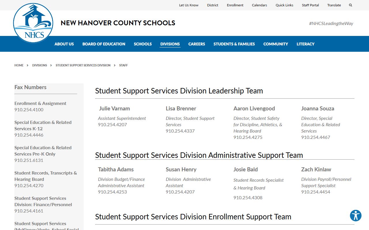 Wilmington phone numbers in the NHCS student support staff directory